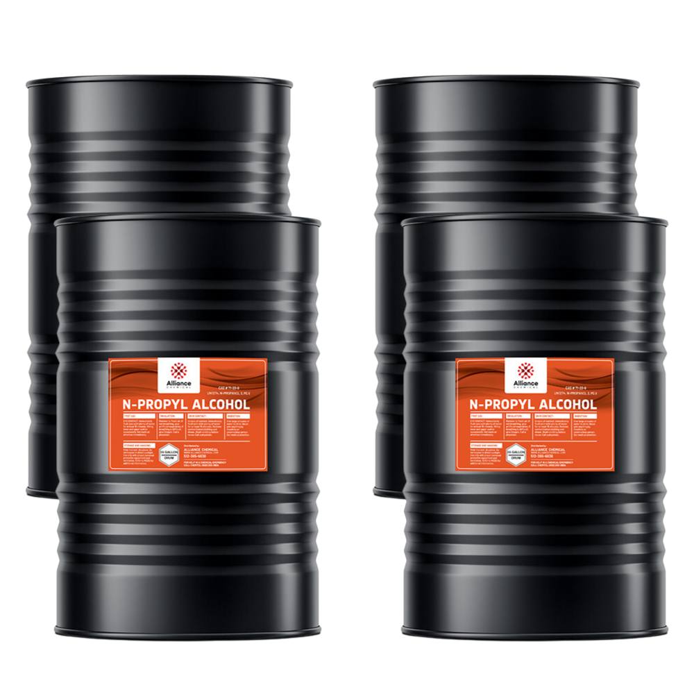 55-gallon industrial drums of N-Propyl Alcohol by Alliance Chemical, black steel containers with orange safety labels, dual drum configuration.