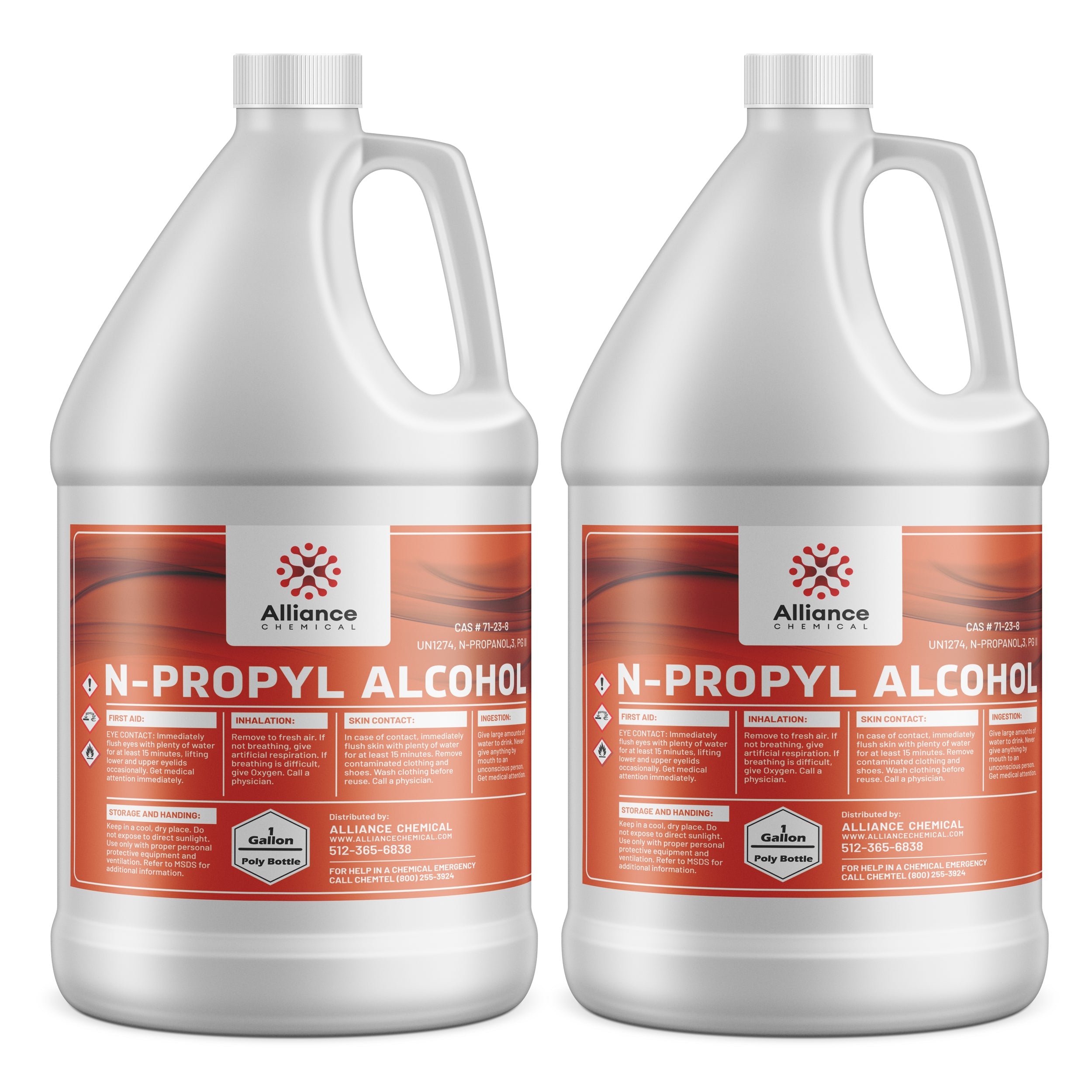 Two 1-gallon HDPE bottles of N-Propyl Alcohol by Alliance Chemical, featuring red hazard warning labels, safety instructions, and UN1274 chemical identification.
