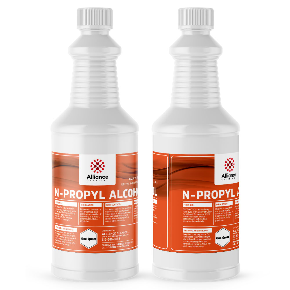 Two 1-quart bottles of N-propyl alcohol from Alliance Chemical in white HDPE containers with orange safety labels, ribbed grip design and child-resistant caps.