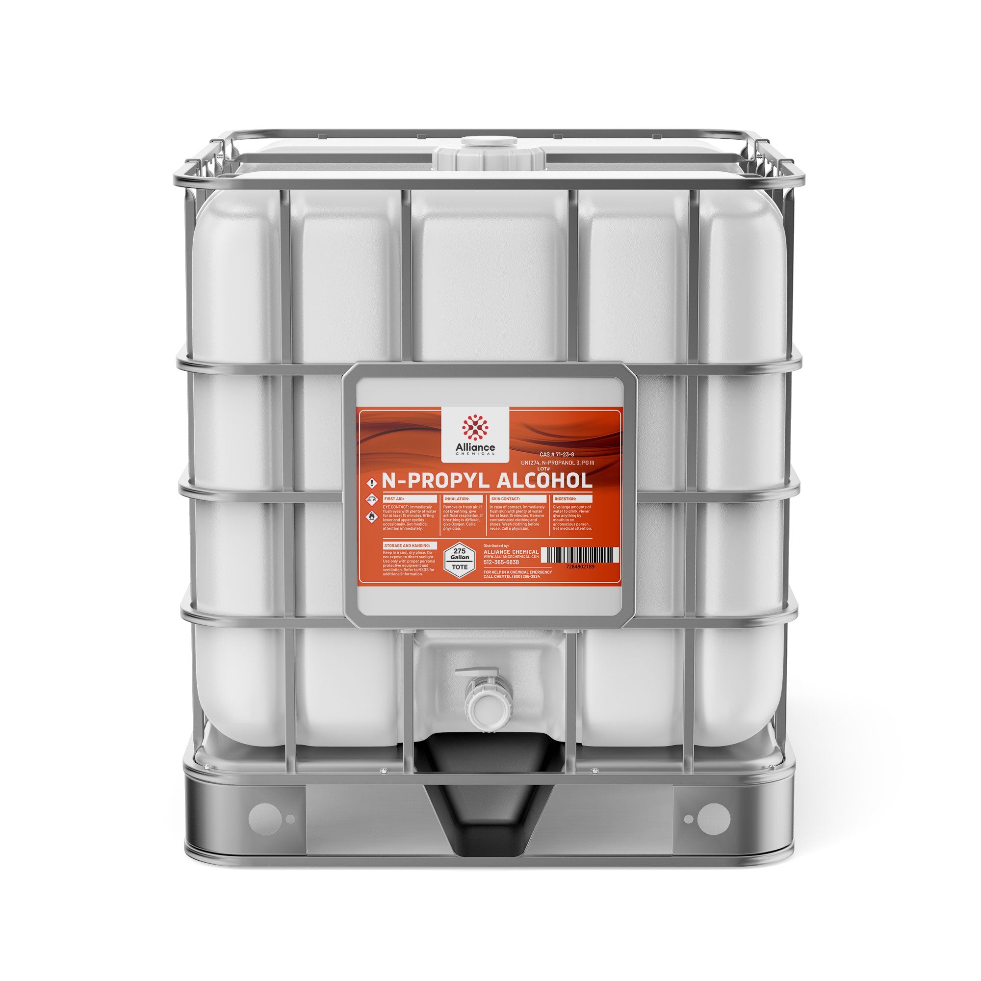 275-gallon IBC tote of N-propyl alcohol, industrial-grade chemical solvent in white bulk container with metallic cage, hazard label, and bottom discharge valve.