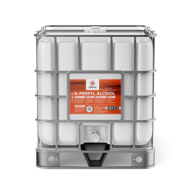 Alliance Chemical N-Propyl Alcohol in a 275-gallon plastic tote with a metal cage and a spigot.
