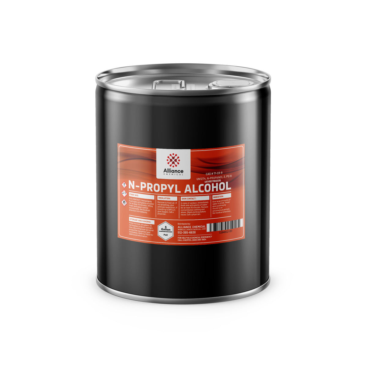 5-gallon black steel drum of N-Propyl Alcohol by Alliance Chemical, and industrial safety symbols on orange-red label