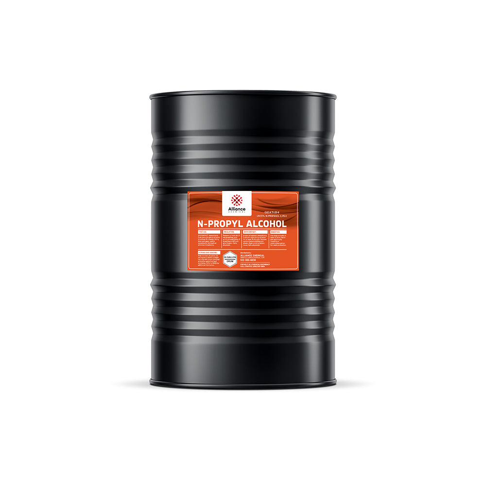 55-gallon black steel drum of N-propyl alcohol with Alliance Chemical orange warning label, industrial-grade solvent in ribbed container.