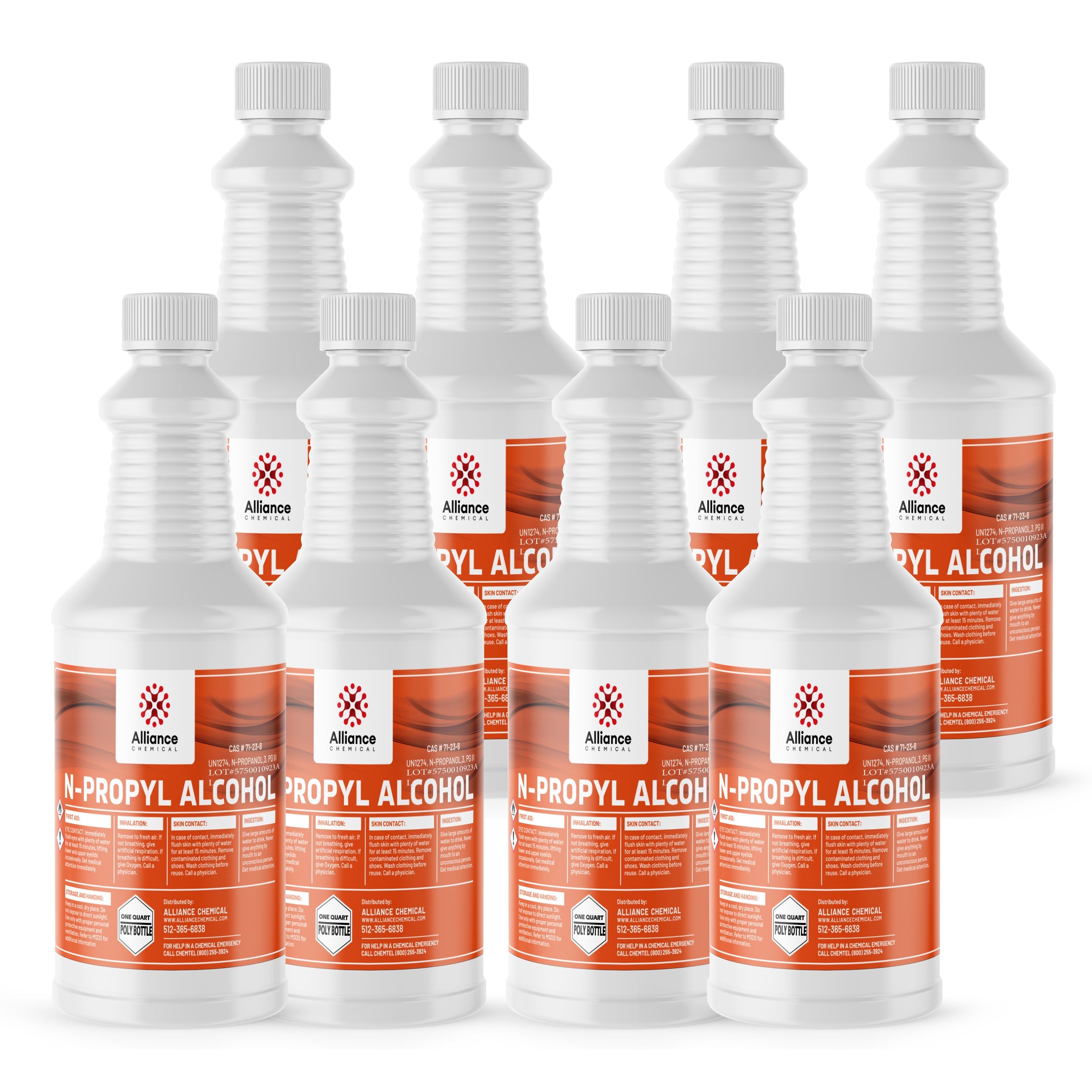 8x1-quart bottles of N-propyl alcohol in white HDPE containers with red Alliance Chemical labels and hazardous material warnings.