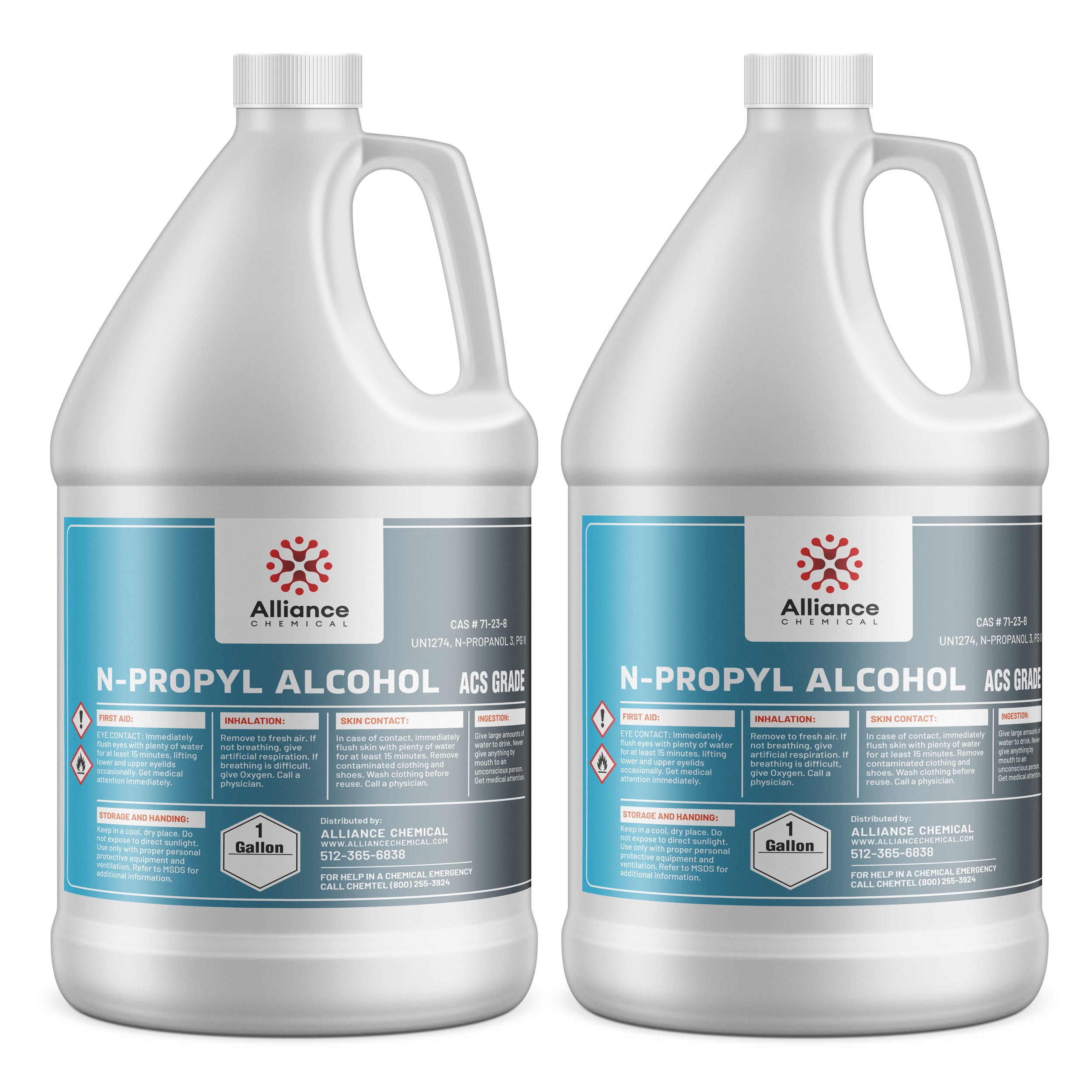 Two 1-gallon HDPE jugs of Alliance Chemical N-Propyl Alcohol (ACS Grade) with GHS hazard symbols, safety instructions, and blue-labeled product information.