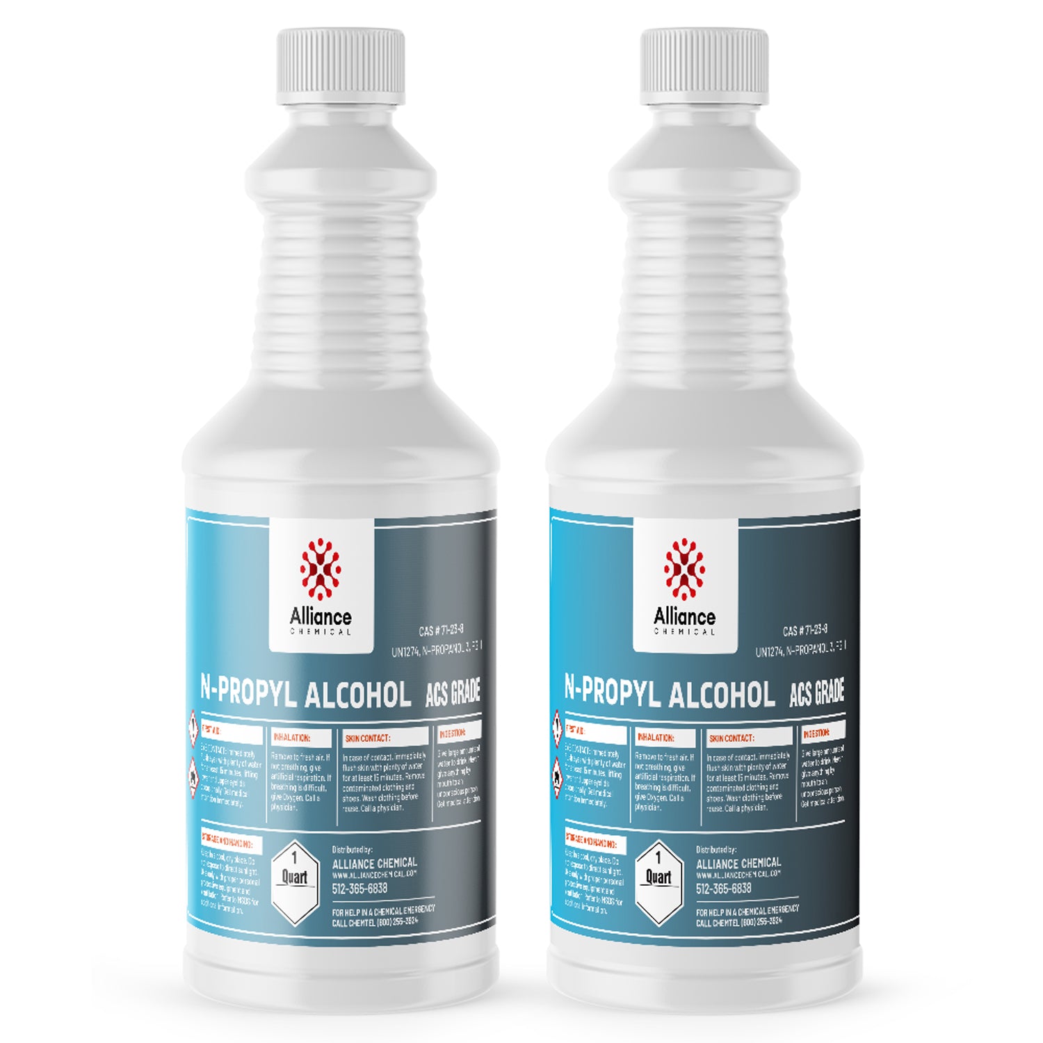 2-quart N-propyl alcohol ACS grade in white HDPE bottles with safety warnings, CAS #71-23-8, Alliance Chemical branded with GHS hazard symbols.