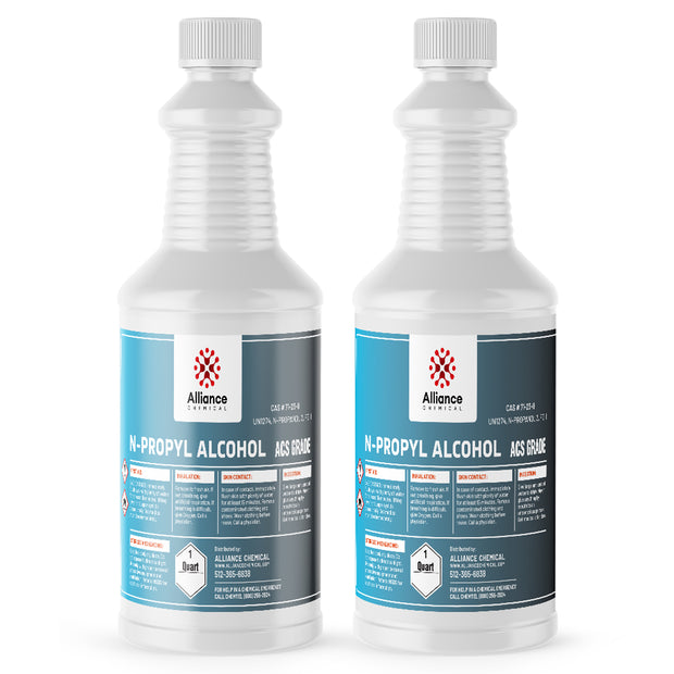 2-quart N-propyl alcohol ACS grade in HDPE bottles, Alliance Chemical branded with GHS hazard symbols