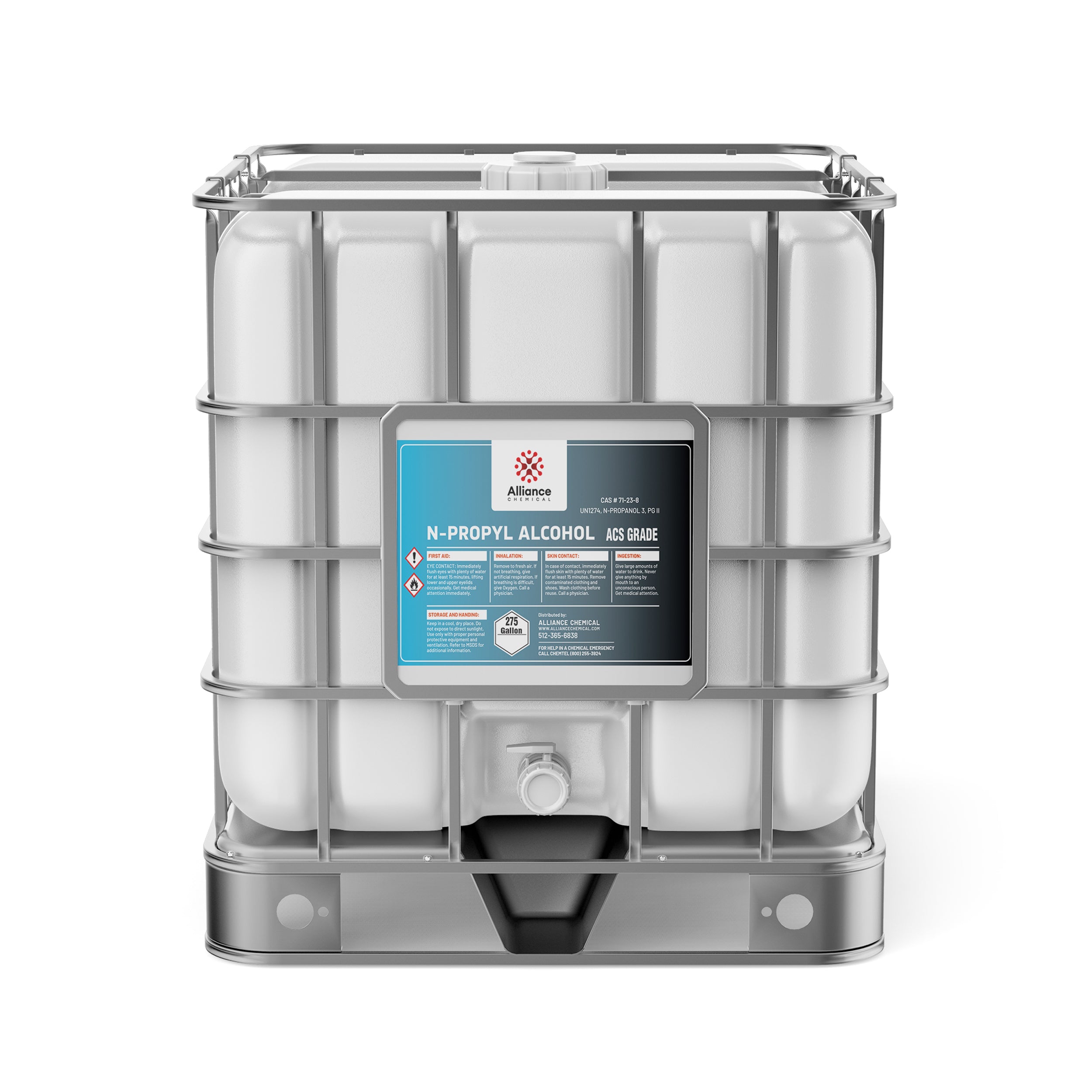 275-gallon IBC tote of N-Propyl Alcohol ACS Grade with metal cage frame, integrated spigot, Alliance Chemical label, and GHS hazard warning symbols.