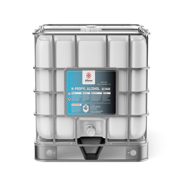 Alliance Chemical 330-gallon plastic tote of n-Propyl Alcohol ACS Grade with a steel cage and a white spigot.