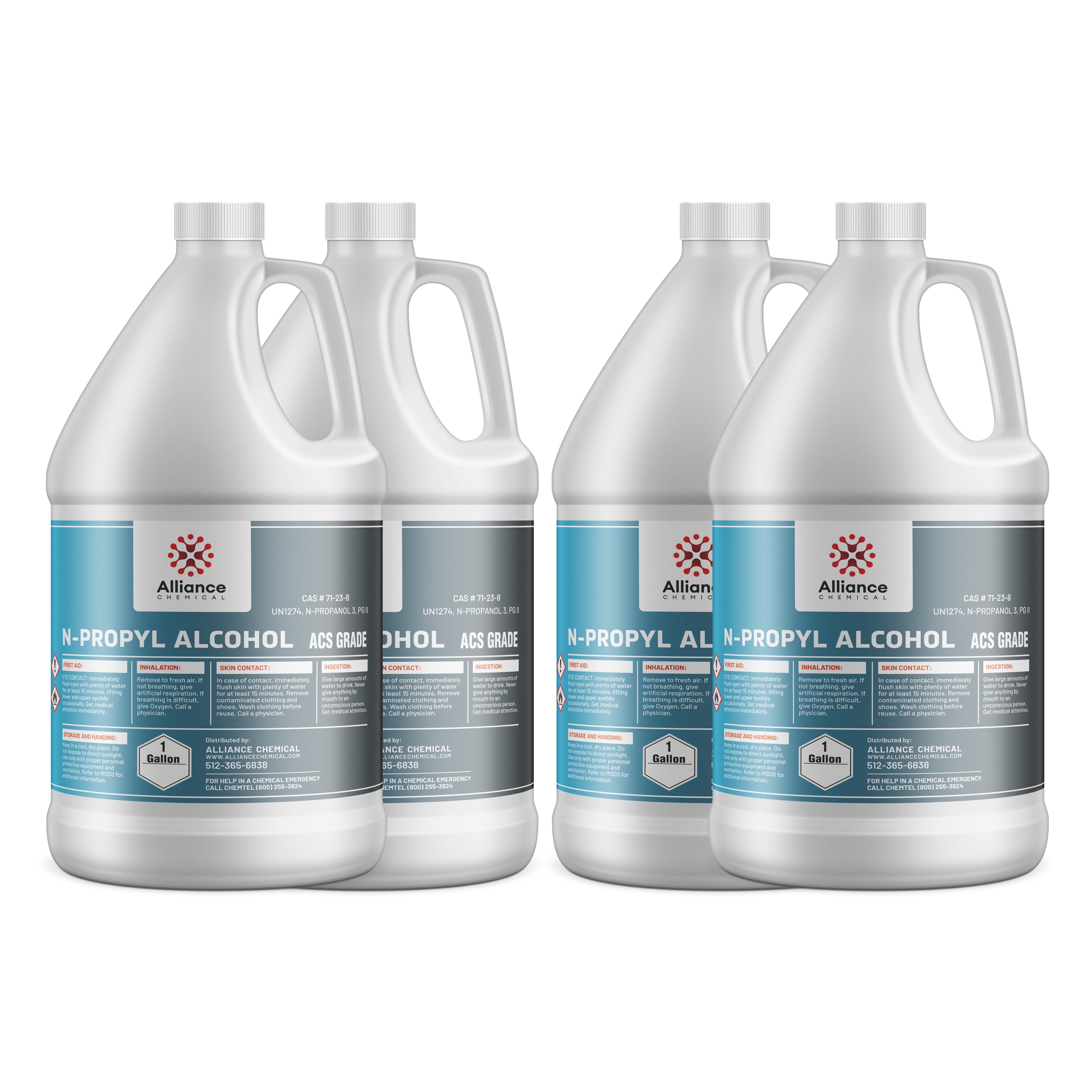 4x1-gallon N-Propyl Alcohol ACS Grade in white HDPE bottles with handle, hazard warnings, Alliance Chemical branding, CAS #71-23-8, industrial safety labels.