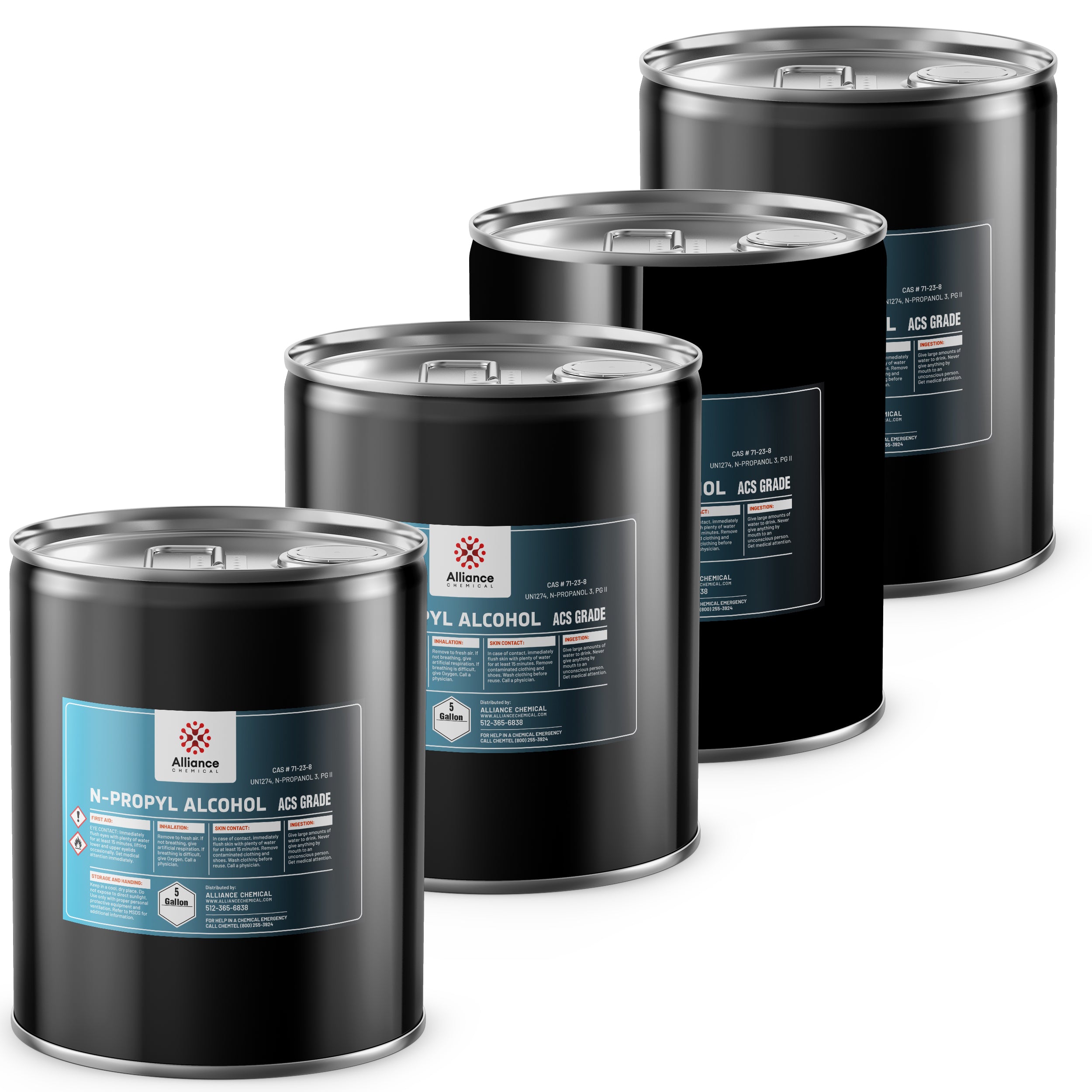 4x5-gallon drums of ACS-grade N-Propyl Alcohol in black steel containers with hazard warning labels, Alliance Chemical branding, and secure lid seals.