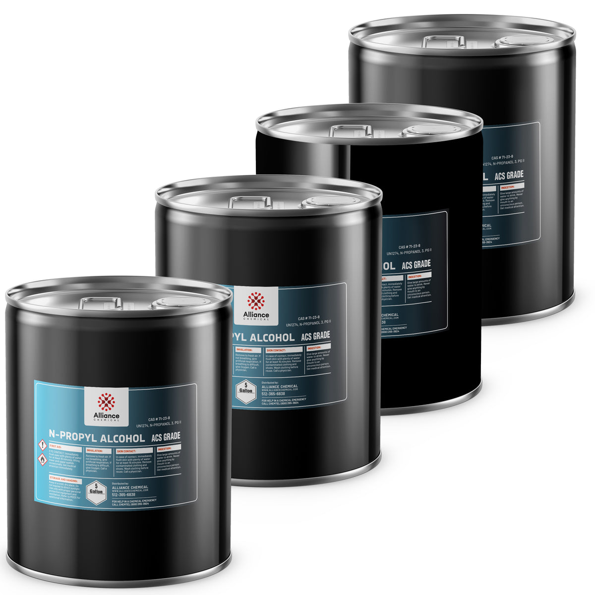 4x5-gallon drums of ACS-grade N-Propyl Alcohol in black steel containers Alliance Chemical branding, and secure lid seals