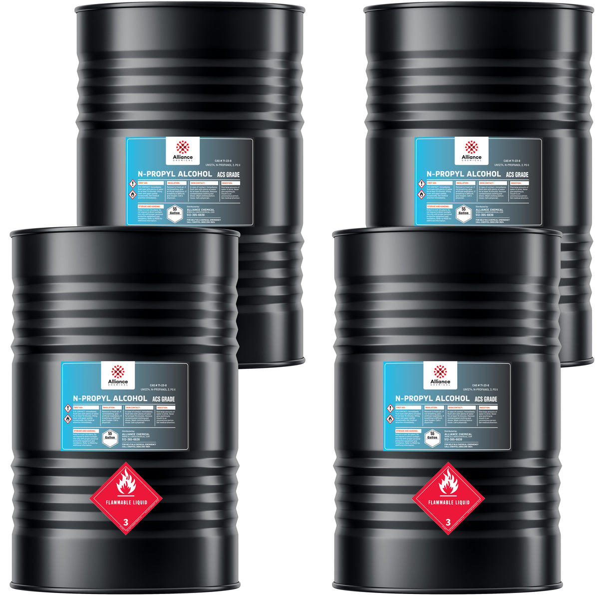 Alliance Chemical 4x55L black steel drums of ACS-grade N-Propyl Alcohol, labeled with flammable liquid
