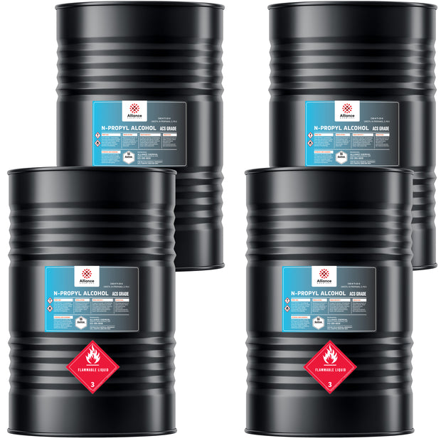Alliance Chemical 4x55L black steel drums of ACS-grade N-Propyl Alcohol, labeled with flammable liquid