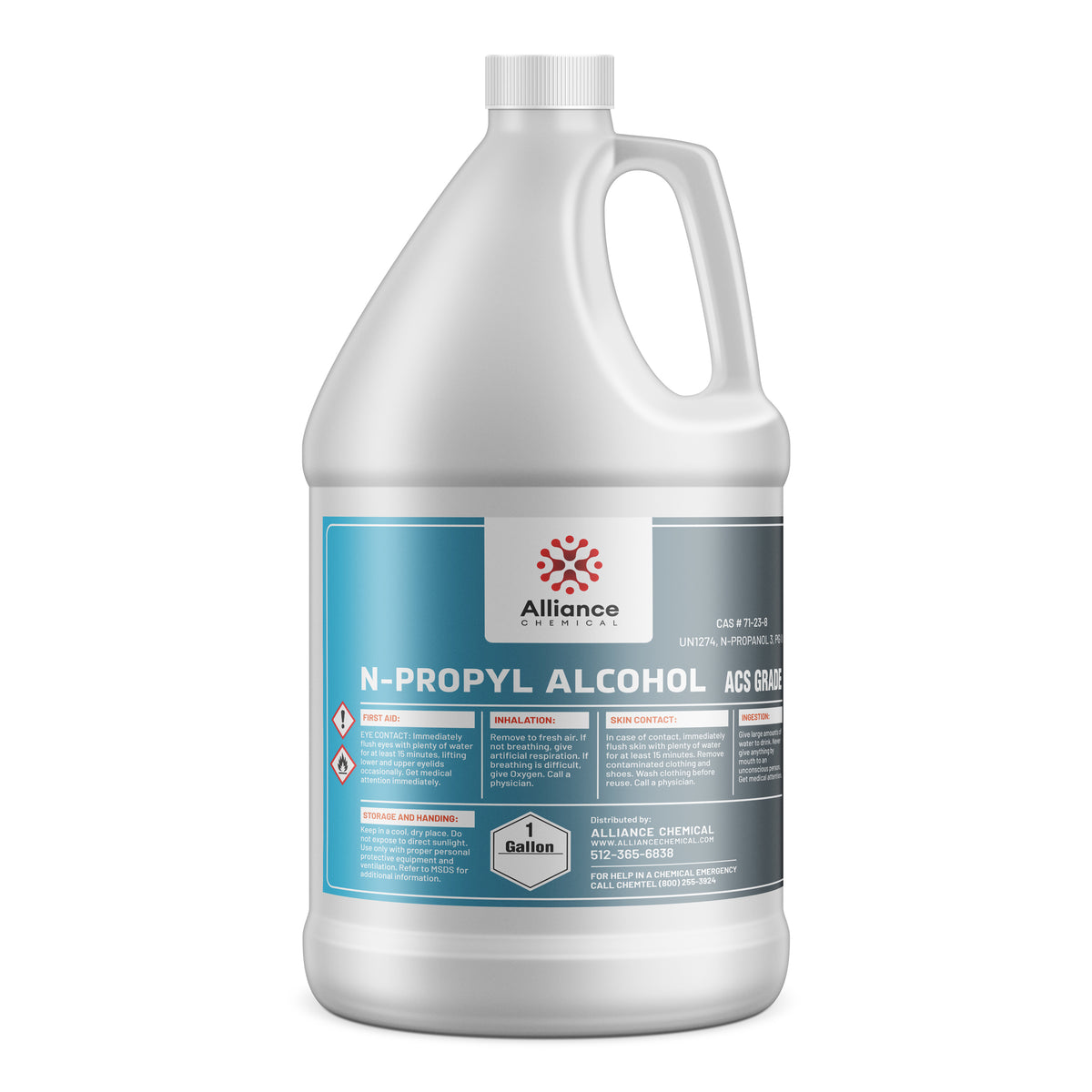 One-gallon HDPE jug of N-Propyl Alcohol ACS Grade by Alliance Chemical first aid instructions, and blue-gradient safety label
