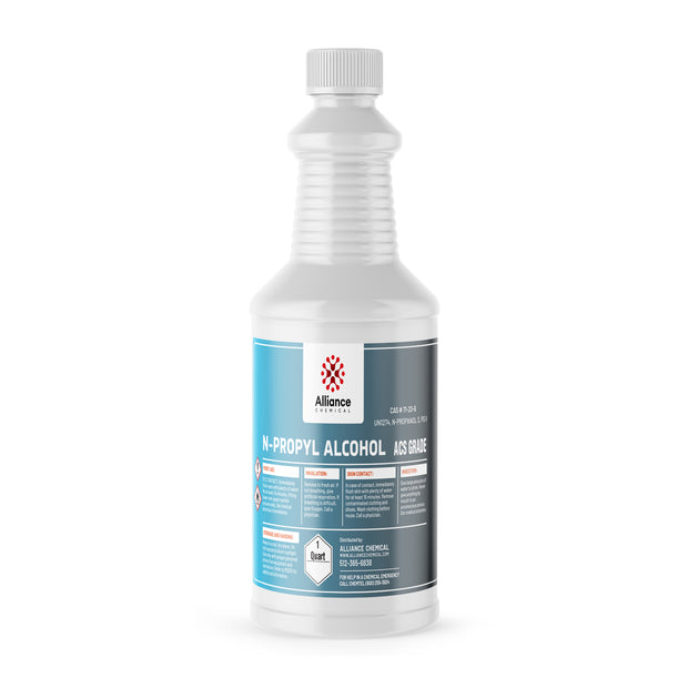 Alliance Chemical Quart bottle of N-Propyl Alcohol ACS Grade in HDPE container with flammable warning symbol, safety data