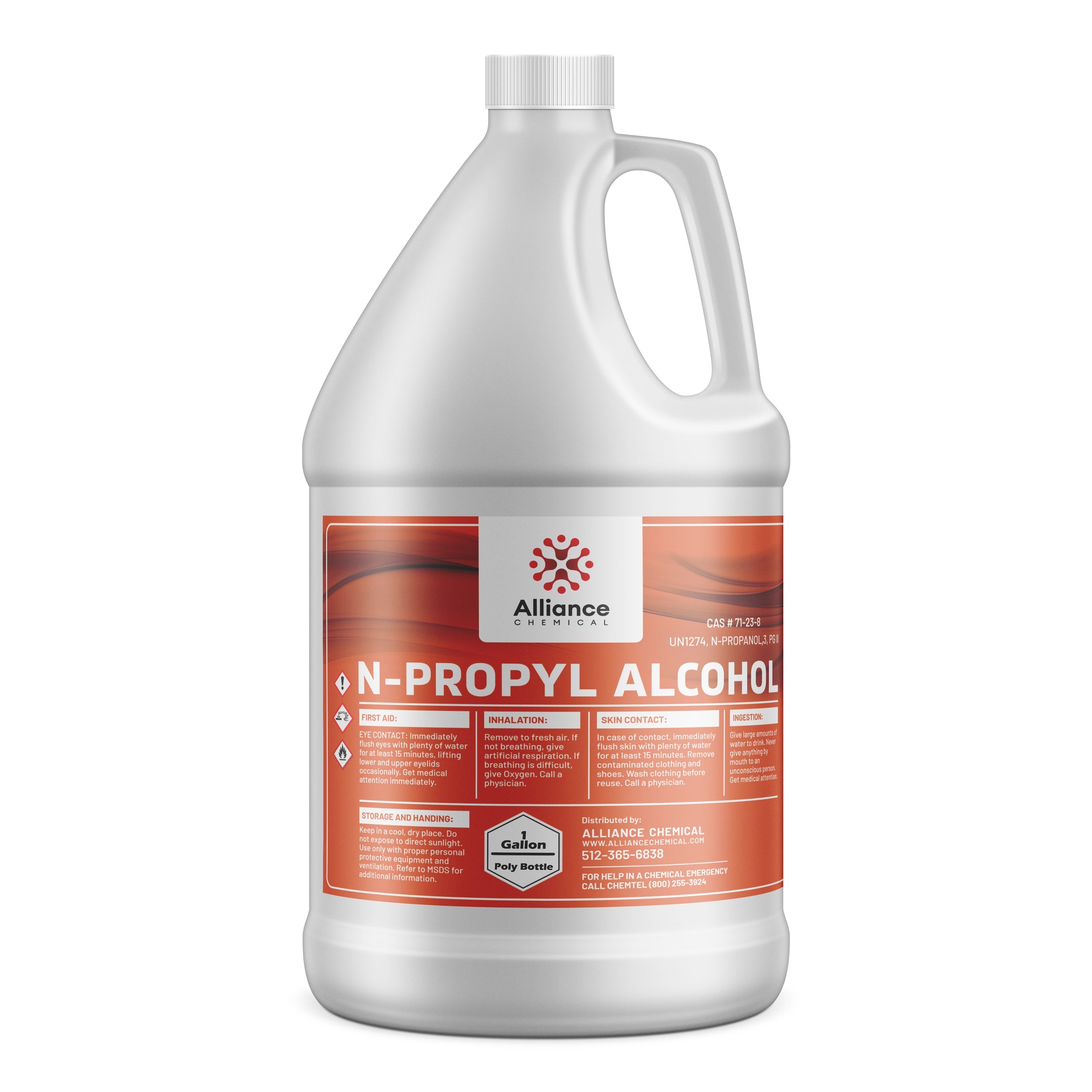 One-gallon industrial N-propyl alcohol in white HDPE poly bottle with red hazard labels, safety instructions, and Alliance Chemical branding.