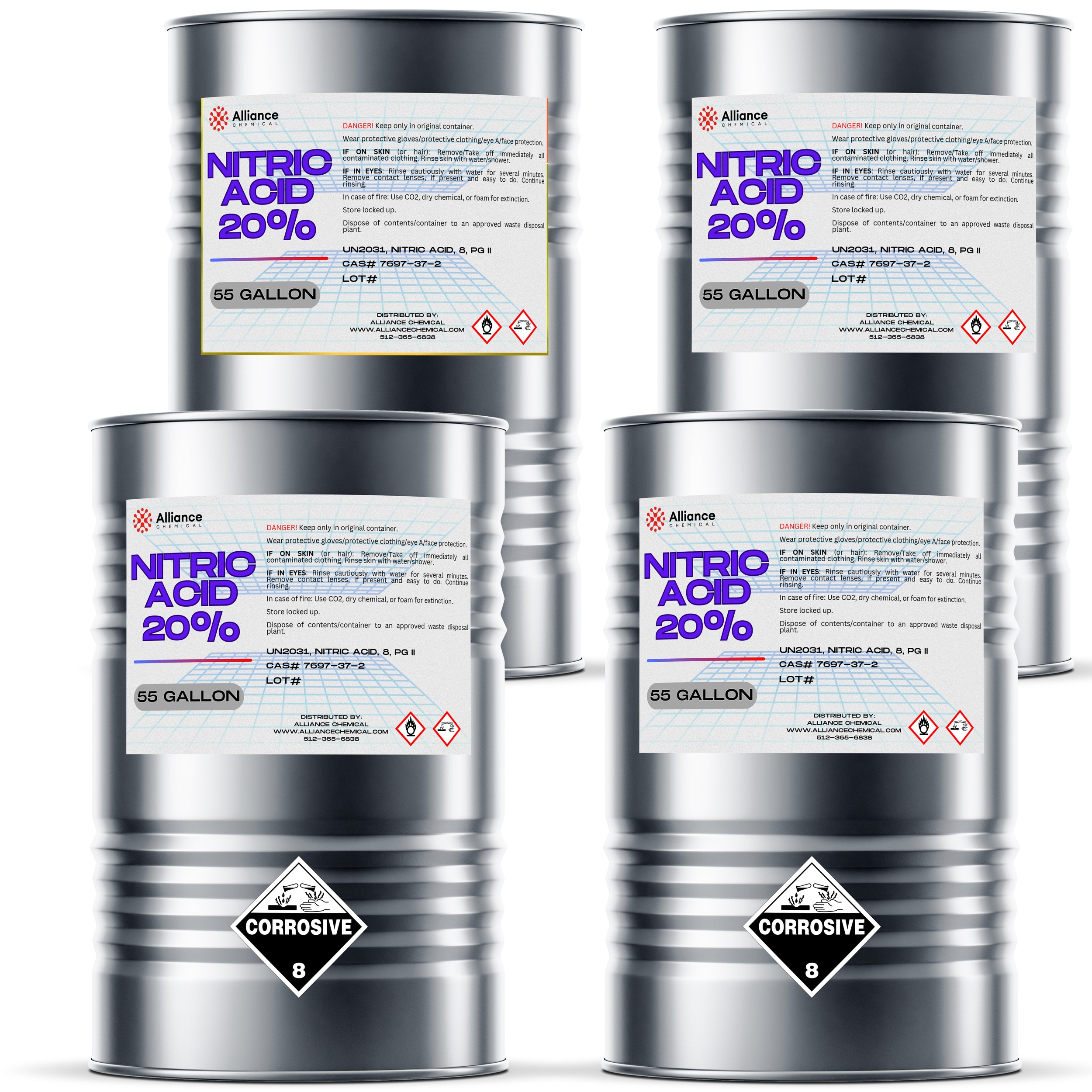 55-gallon steel drums of 20% Nitric Acid (UN2031) with corrosive Class 8 hazard labels, Alliance Chemical branded, safety warnings and emergency protocols.