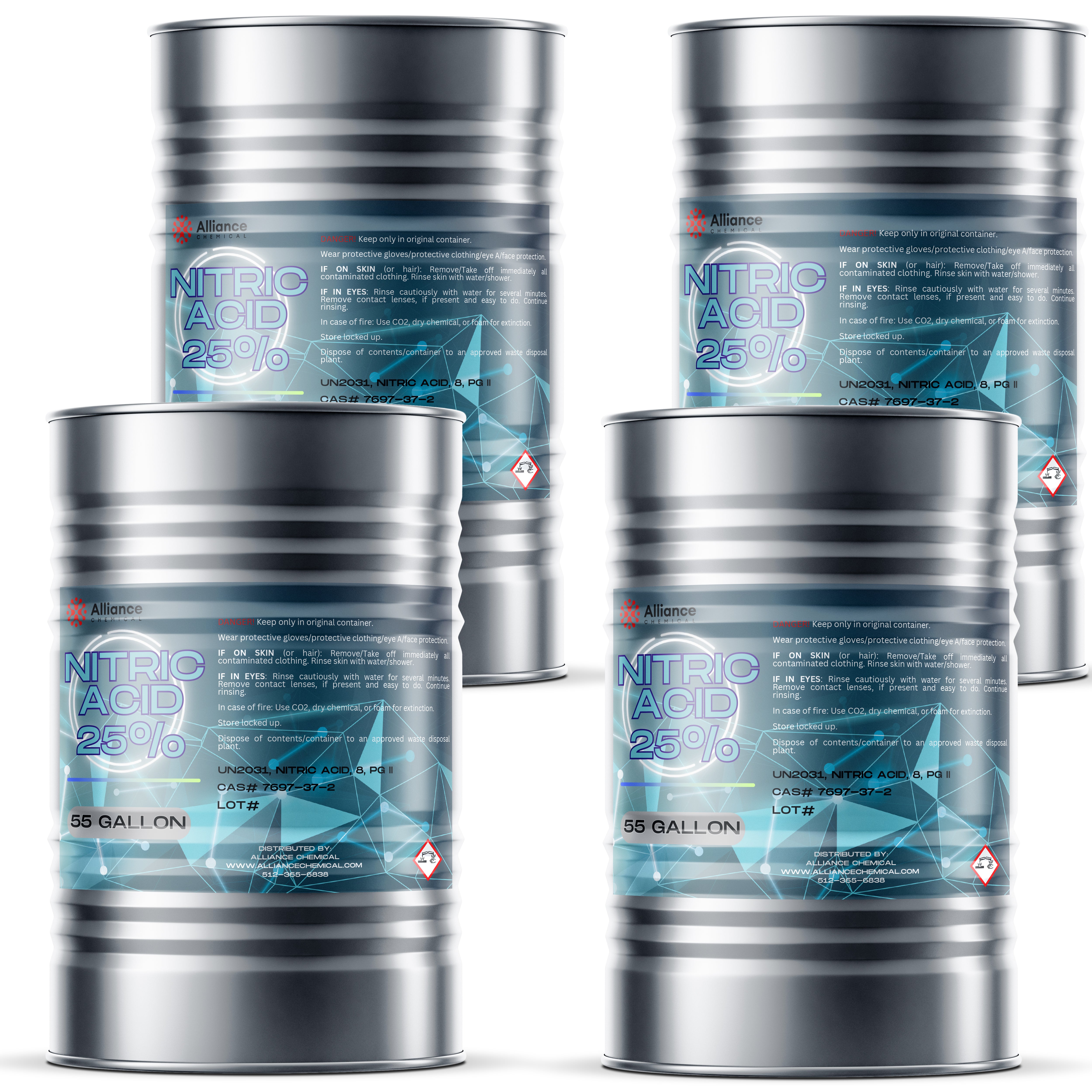 55-gallon stainless steel drums of 25% Nitric Acid (UN2031) with corrosive hazard symbols, blue-gradient safety labels, and industrial specifications.