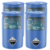 Four 55-gallon blue plastic drums of Alliance Chemical Nitric Acid 25% with white caps and product labels.