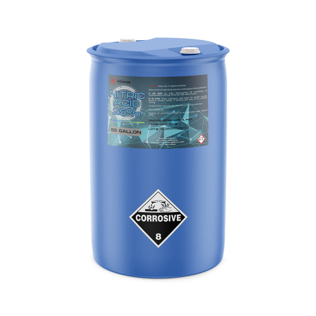 One 55-gallon plastic drum of Alliance Chemical Nitric Acid 25% with a blue body and white caps, and a product label.
