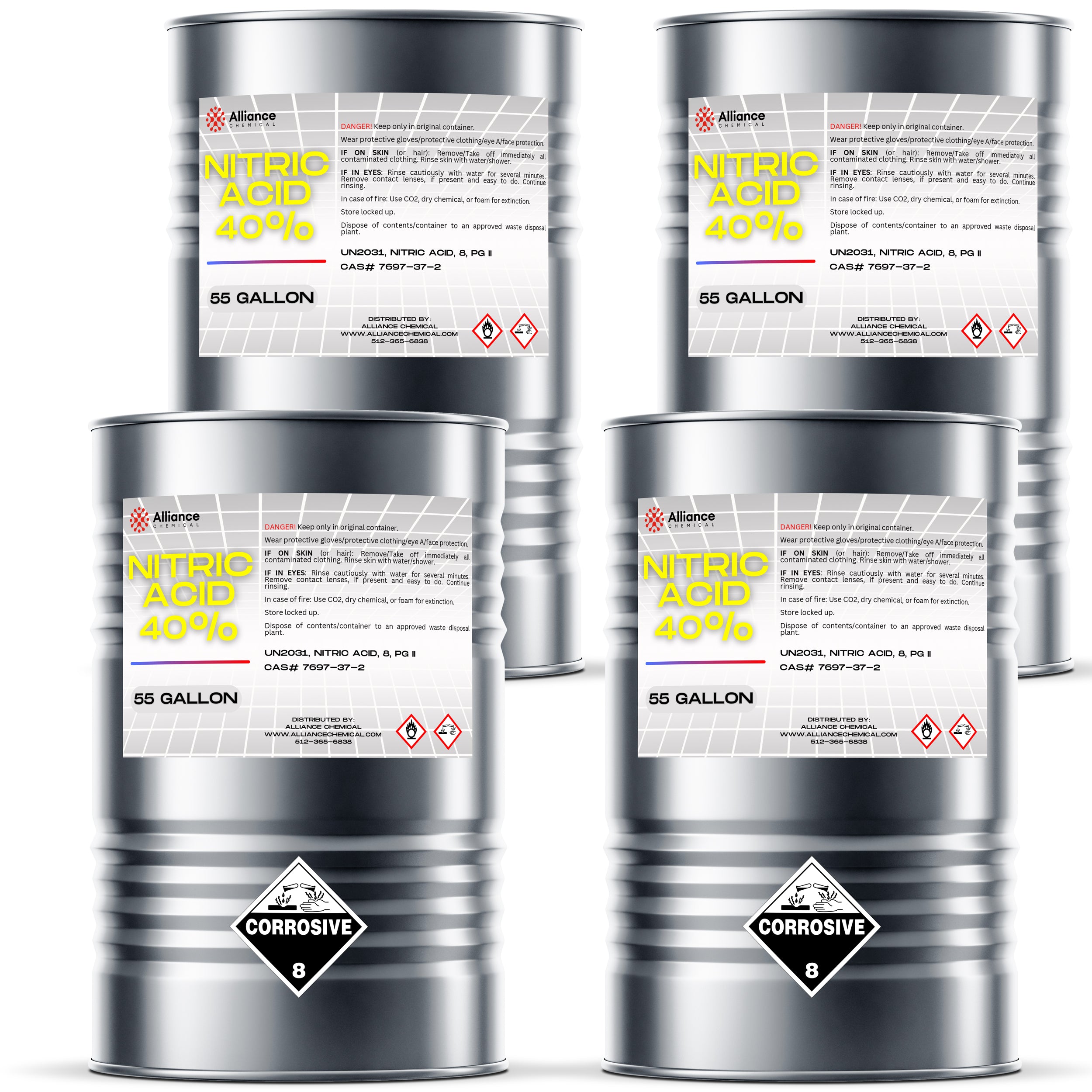 55-gallon steel drums of 40% Nitric Acid by Alliance Chemical, labeled with UN2031 classification, corrosive warning symbols, and hazmat class 8 placards.