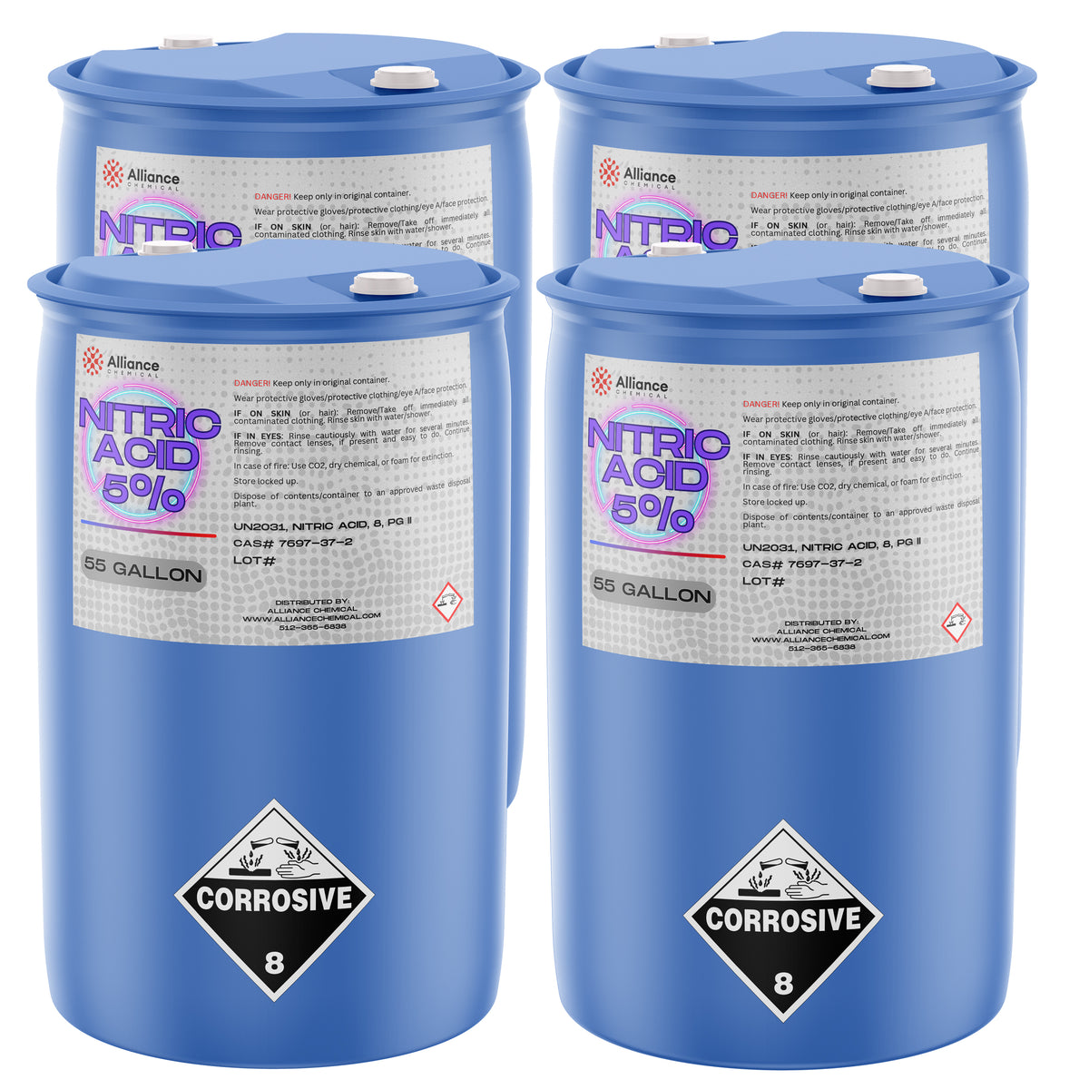 Four 55-gallon blue plastic drums of Alliance Chemical Nitric Acid 5% with white caps and safety labels.