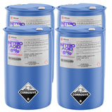Four 55-gallon blue plastic drums of Alliance Chemical Nitric Acid 5% with white caps and safety labels.