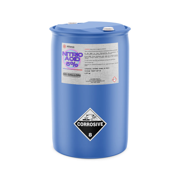 One 55-gallon blue HDPE drum of Alliance Chemical Nitric Acid 5% with white cap and product label.