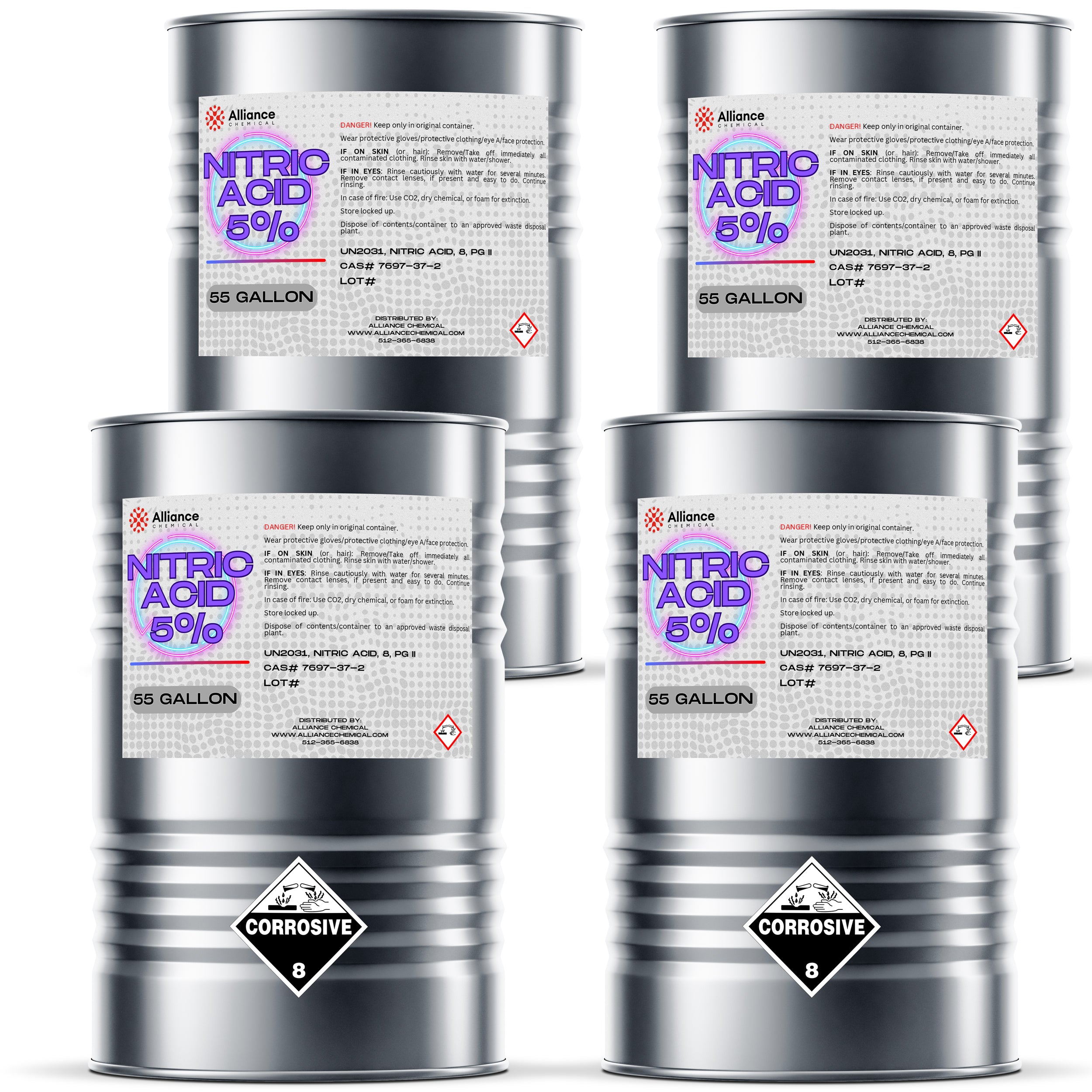 55-gallon drums of 5% Nitric Acid by Alliance Chemical, featuring corrosive Class 8 hazard symbols, safety warnings, and industrial labeling on metallic containers.