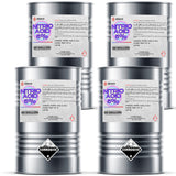 55-gallon drums of 5% Nitric Acid by Alliance Chemical safety warnings, and industrial labeling on metallic containers