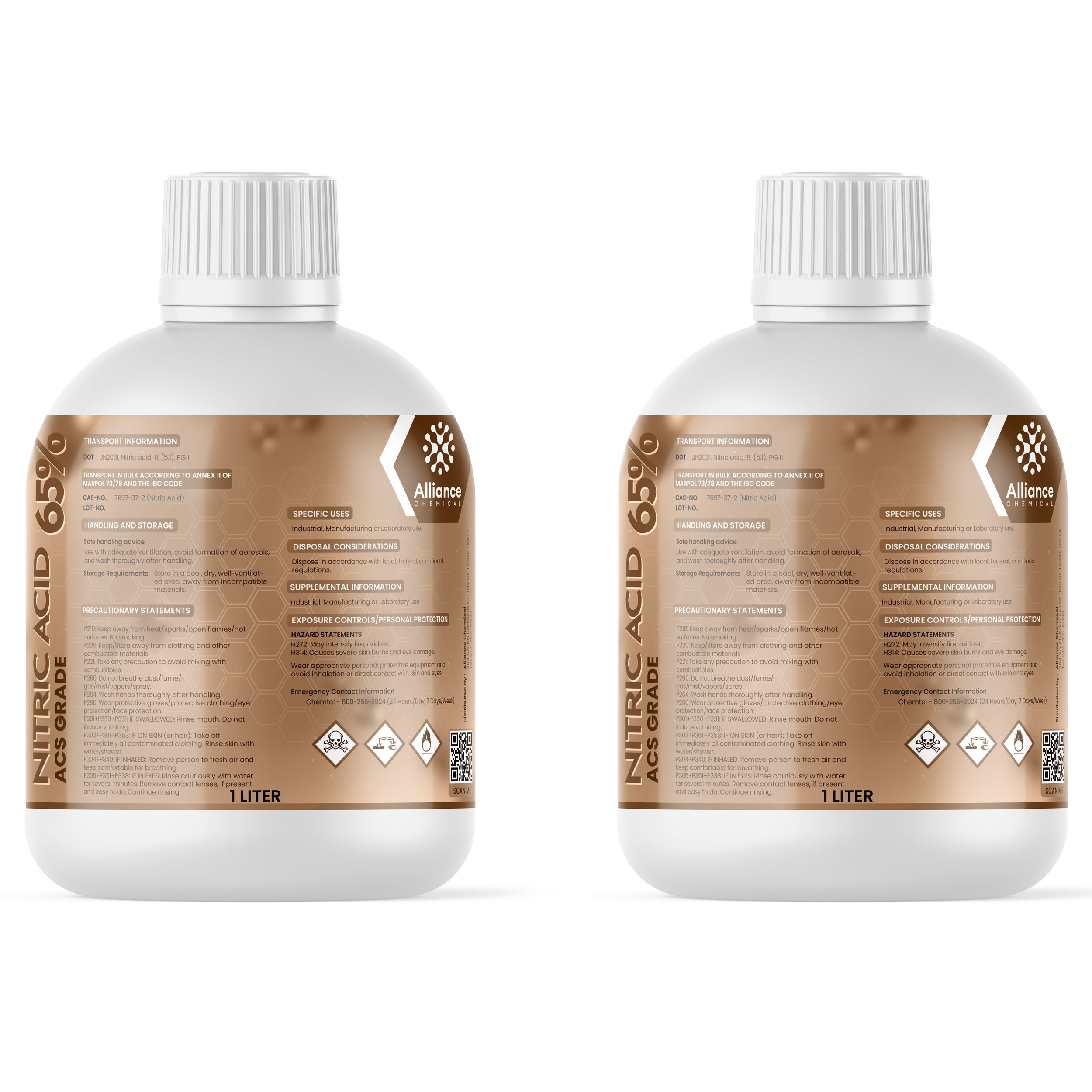 1L Nitric Acid 65% ACS reagent-grade in white HDPE bottle with corrosive, oxidizer and flammable hazard symbols, Alliance Chemicals safety labeling.