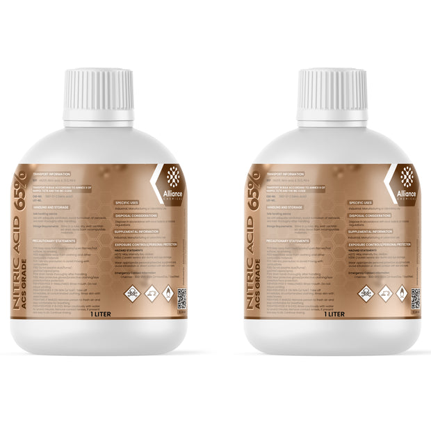 1L Nitric Acid 65% ACS reagent-grade in HDPE bottle with corrosive, oxidizer Alliance Chemicals safety labeling