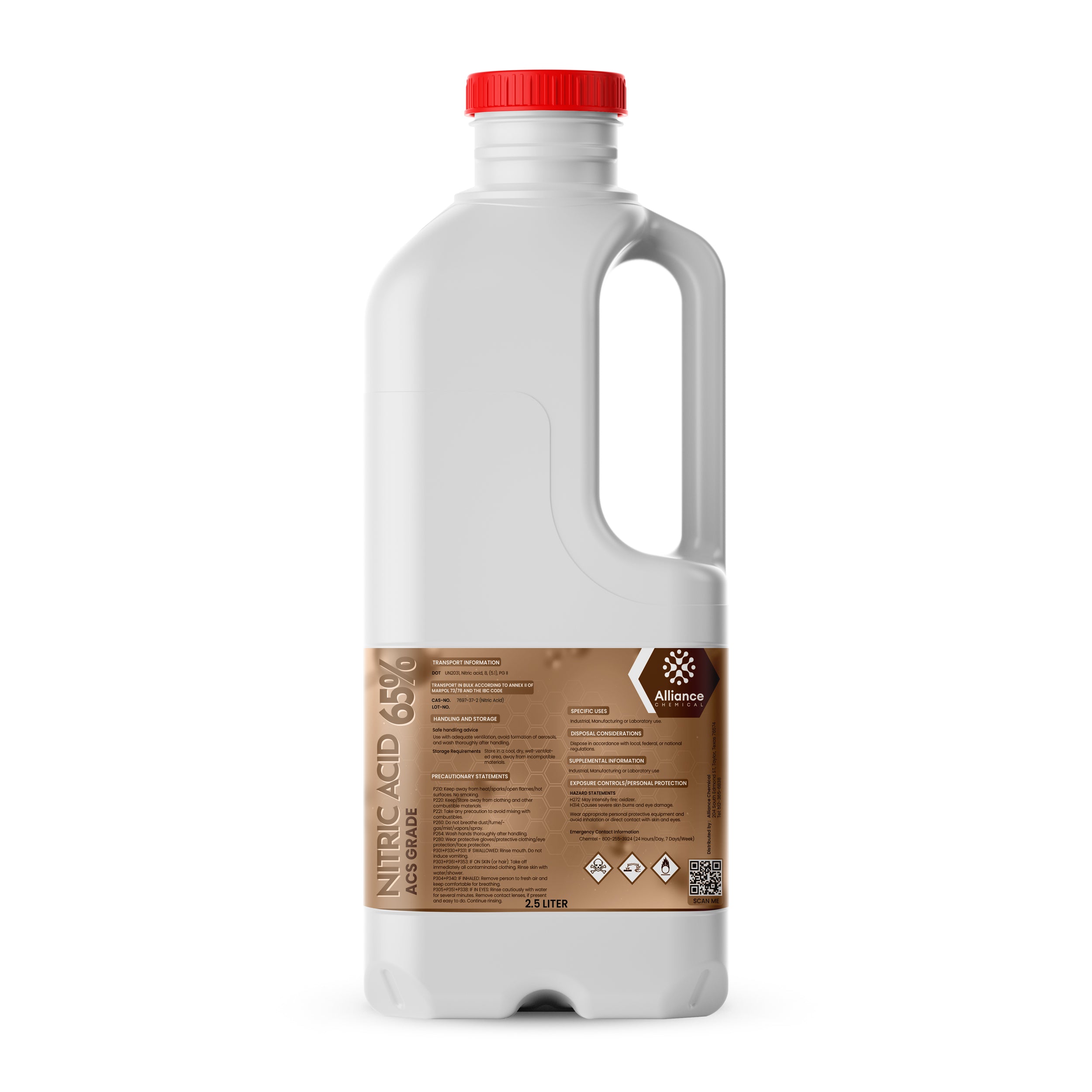 2.5L white HDPE bottle of 65% Nitric Acid (ACS Grade) with red cap, brown labeling, hazard pictograms, and Alliance Chemicals branding.