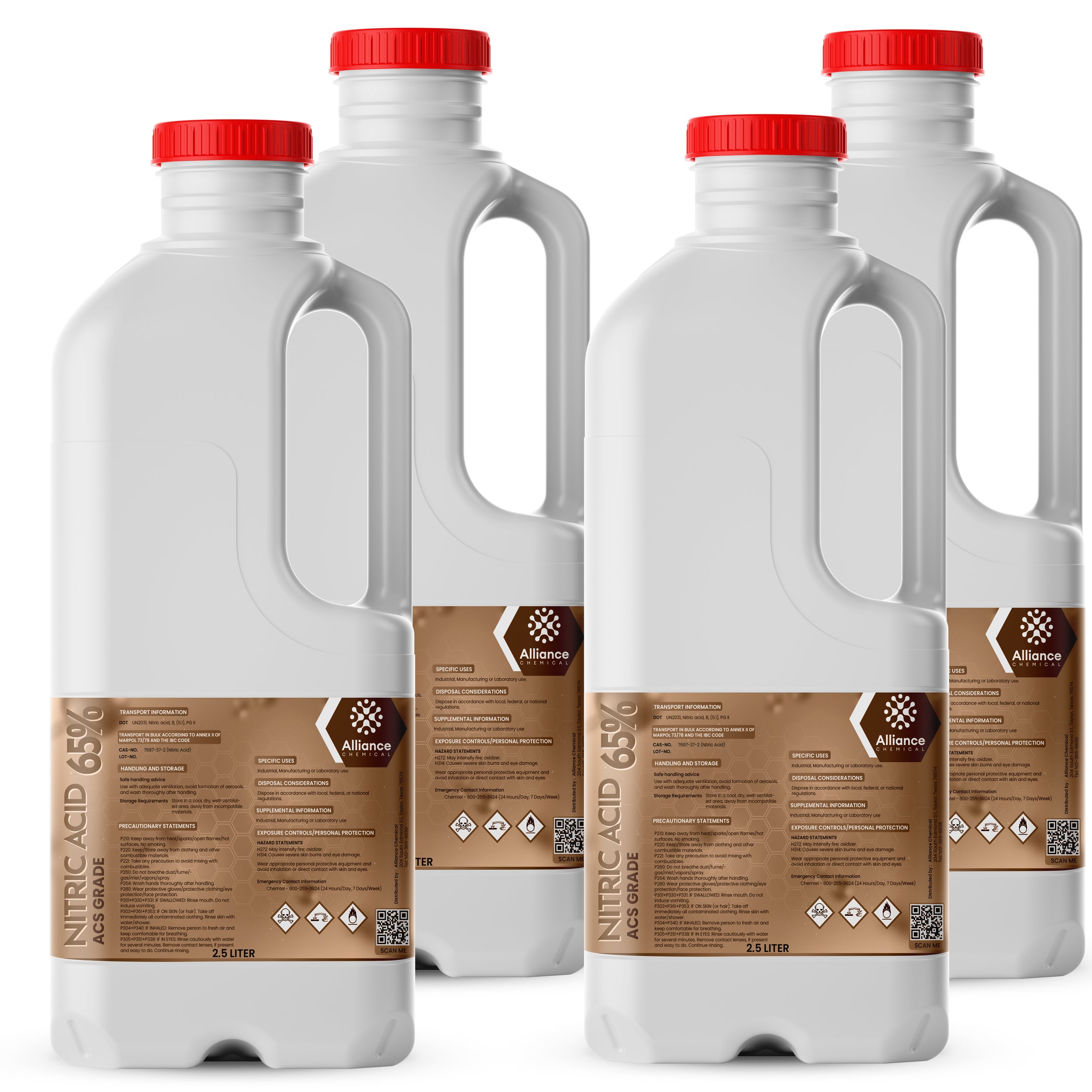 2.5L white HDPE bottles of 65% Nitric Acid (ACS Grade) with red screw caps, GHS hazard symbols, and brown Alliance Chemical labeling.