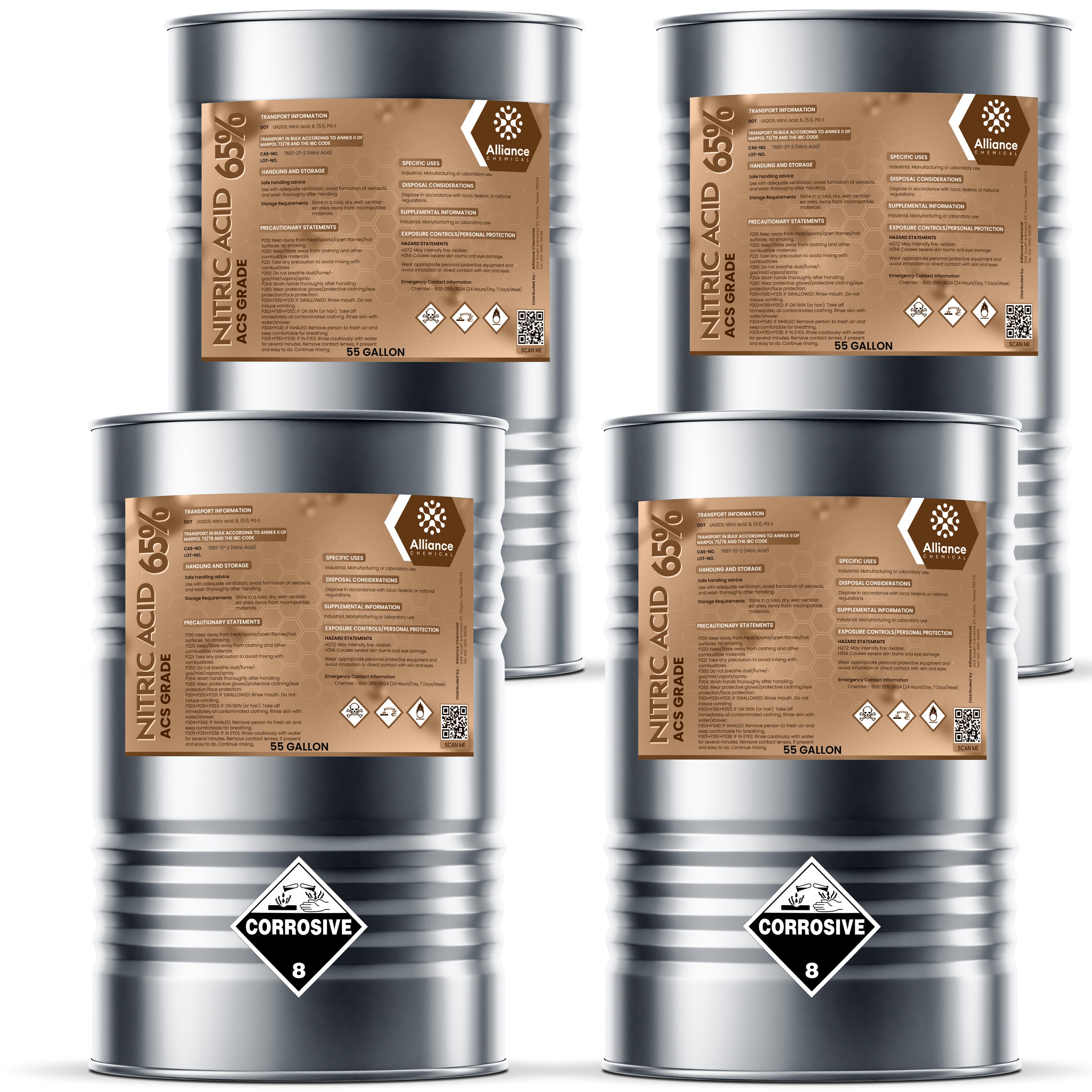 55-gallon steel drums of Nitric Acid 65% ACS Grade with corrosive Class 8 hazard labels, Alliance Chemical branding, and safety information placards.