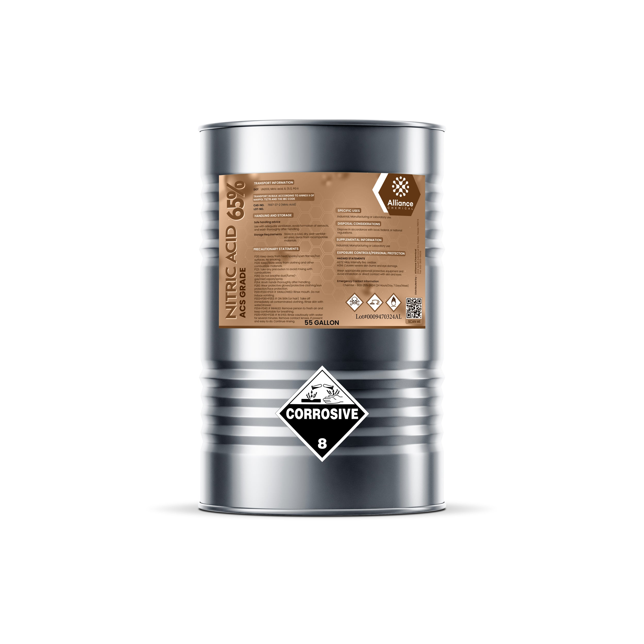 55-gallon steel drum of ACS-grade 65% Nitric Acid, featuring Alliance Chemical branding, corrosive Class 8 hazard diamond, and brown product label.