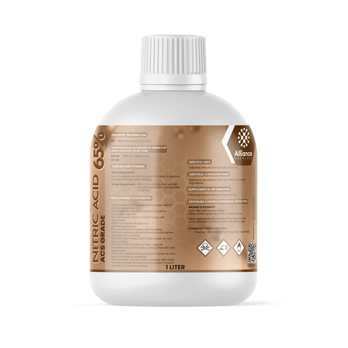 Alliance Chemical 1L Nitric Acid 65% ACS grade in HDPE bottle safety information, and corrosive/oxidizer hazard symbols
