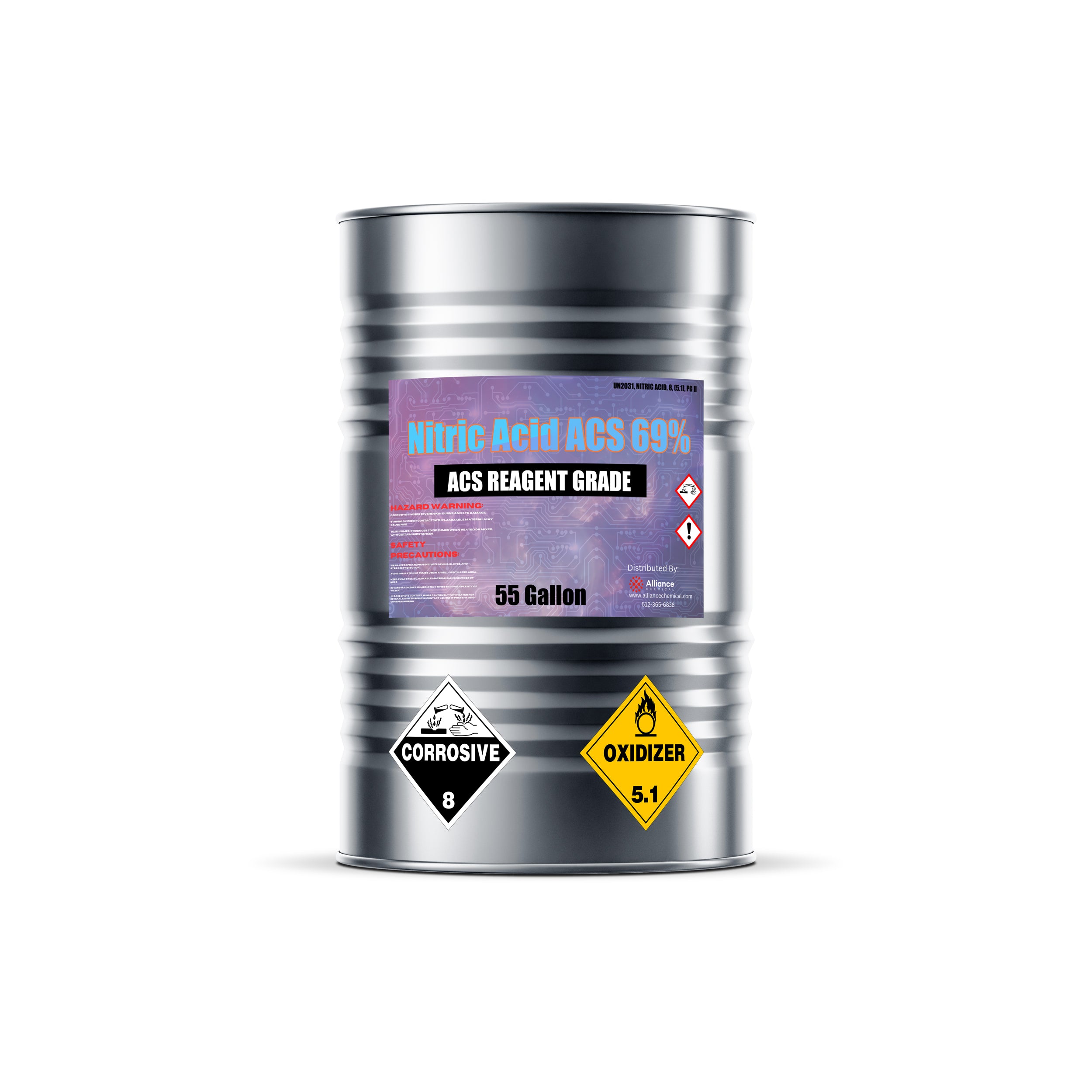 55-gallon steel drum of ACS Reagent Grade 69% Nitric Acid with corrosive (8) and oxidizer (5.1) hazard symbols, purple-labeled industrial packaging.