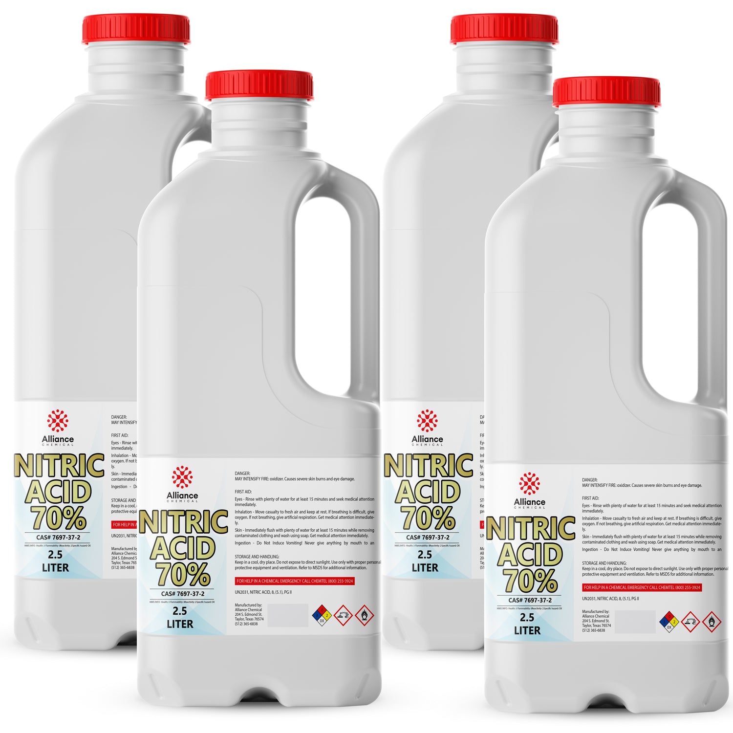 2.5L bottles of 70% Nitric Acid (ACS Grade) in white HDPE containers with red caps, Alliance Chemical branding, hazard symbols, and safety warnings.