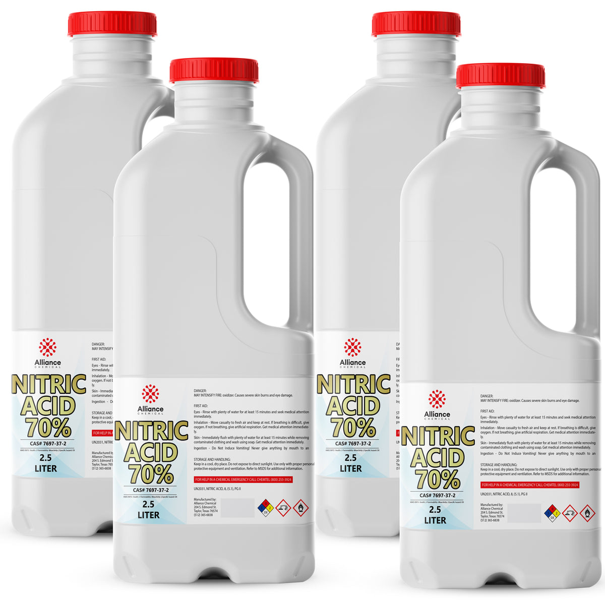 2.5L bottles of 70% Nitric Acid (ACS Grade) in HDPE containers Alliance Chemical branding