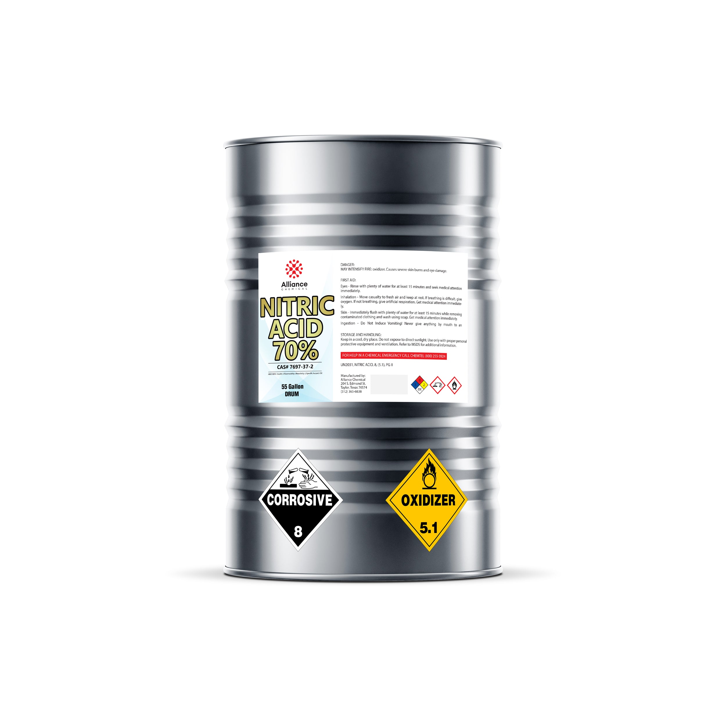 55-gallon drum of 70% Nitric Acid ACS grade with Alliance Chemical label, corrosive (8) and oxidizer (5.1) hazard diamonds on metallic container.