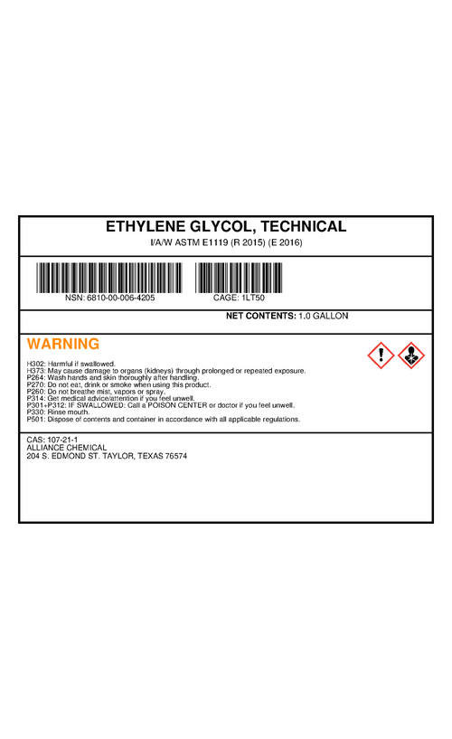 ETHYLENE GLYCOL, TECHNICAL — NSN 6810-00-006-4205 — government contract label