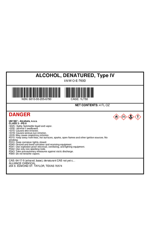 Denatured Alcohol Type IV product label for a 4 fl oz container from Alliance Chemical
