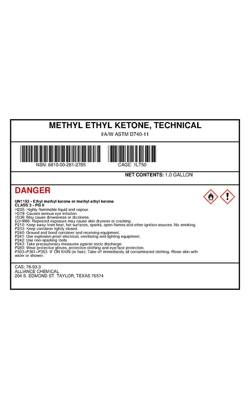 METHYL ETHYL KETONE, TECHNICAL — NSN 6810-00-281-2785 — government contract label