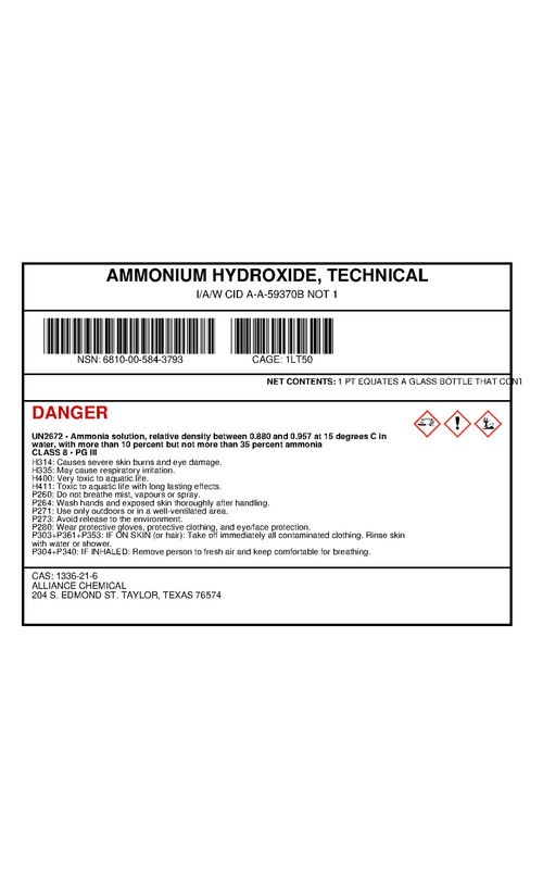 AMMONIUM HYDROXIDE, TECHNICAL — NSN 6810-00-584-3793 — government contract label