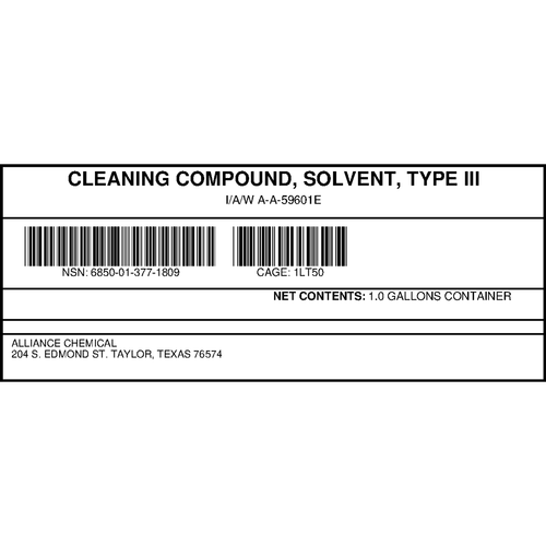 CLEANING COMPOUND, SOLVENT (TYPE III) — NSN 6850-01-377-1809 — government contract label