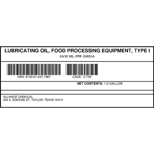 LUBRICATING OIL, FOOD PROCESSING EQUIPMENT (TYPE I) — NSN 9150-01-237-7467 — government contract label