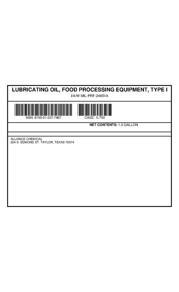 LUBRICATING OIL, FOOD PROCESSING EQUIPMENT (TYPE I) — NSN 9150-01-237-7467 — government contract label