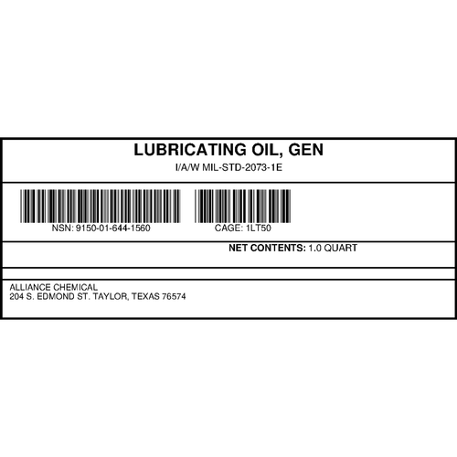LUBRICATING OIL, GEN — NSN 9150-01-644-1560 — government contract label